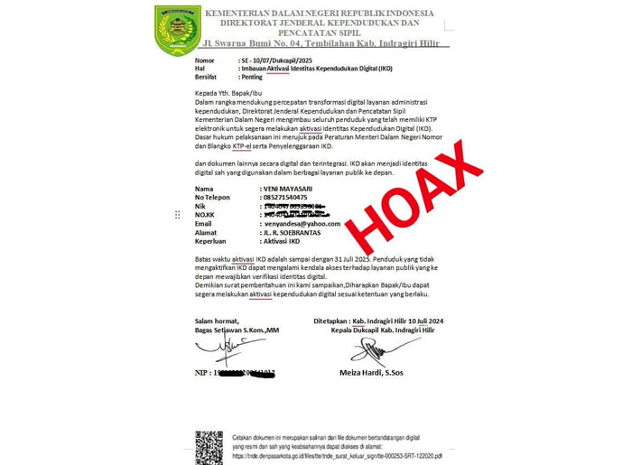 Surat Edaran untuk aktivasi Identitas Kependudukan Digital (IKD) yang beredar hoax.