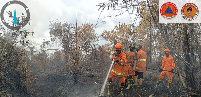 Perugas melakukan pendinginan di salah satu lahan yang terbakar di Provinsi Riau, baru-baru ini.