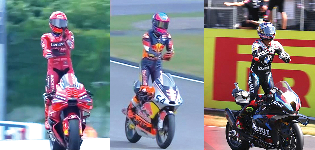 Marc Marquez, Veda Ega Pratama, dan  Toprak Razgatlioglu melakukan selebrasi ala aura farming pacu jalur usai memenangkan lomba, Ahad (13/7/2025).