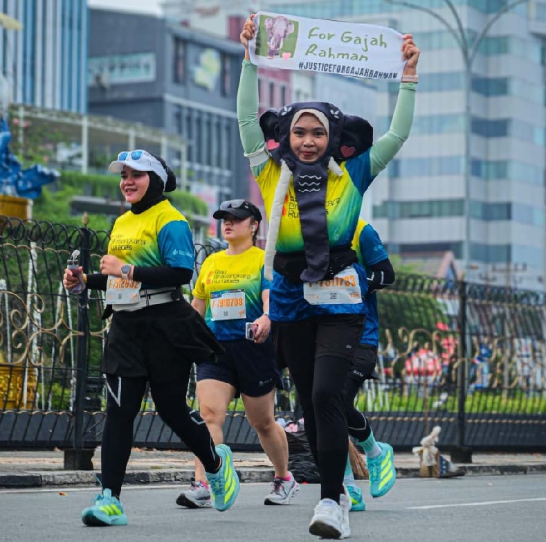 Aktivis lingkungan dan perempuan, Fitriani Dwi Kurniasari, saat mengikuti Riau Bhayangkara Run 2025, Ahad (13/7/2025) lalu dengan membentangkan kampanye untuk gajah Rahman.