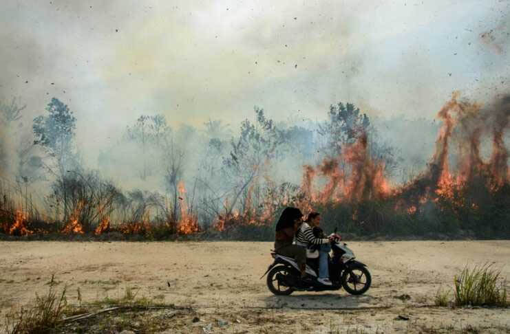 Pengendara sepeda motor melewati kepulan asap yang membakar lahan di tepi jalan raya di Desa Karya Indah, Kecamatan Tapung, Kabupaten Kampar, Sabtu (19/7/2025).