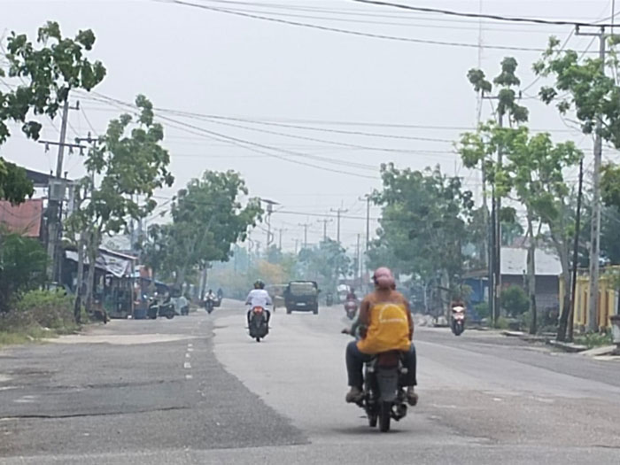 Penampakan kondisi kabut asap di jalan lintas Bagansiapiapi, Kepenghuluan Bagan Punak, Bangko, Rabu (23/7/2025).
