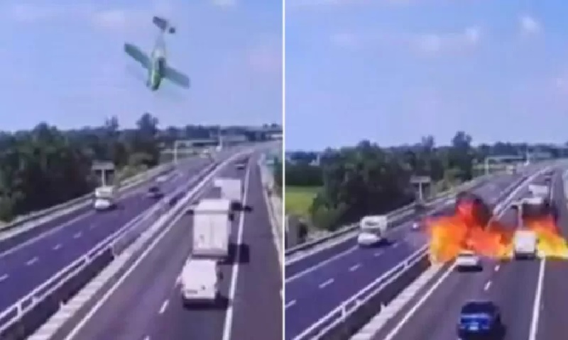 Detik-detik pesawat jatuh di jalan raya Italia terekam kamera.