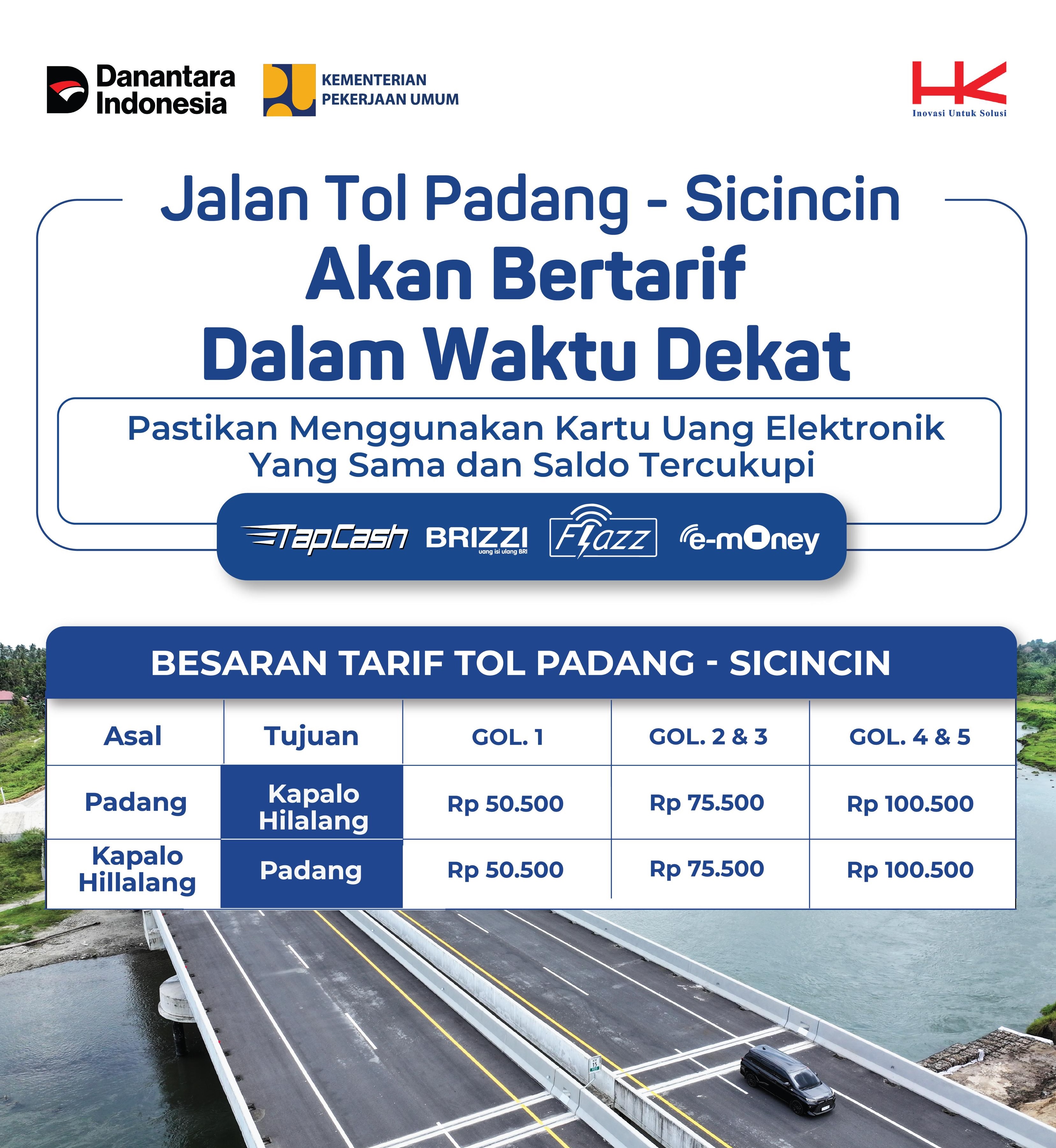 Hutama Karya mulai berlakukan tarif tol Paang-Sicincin dari Padang ke Kapalo Hilalang dan sebaliknya.