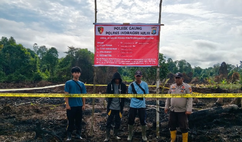 Petugas kepolisian memasang police line di lokasi awal pembakaran lahan di Dusun Rawa, Desa Belantaraya, Kecamatan Gaung, Kabupaten Inhil, Sabtu (26/7/2025).
