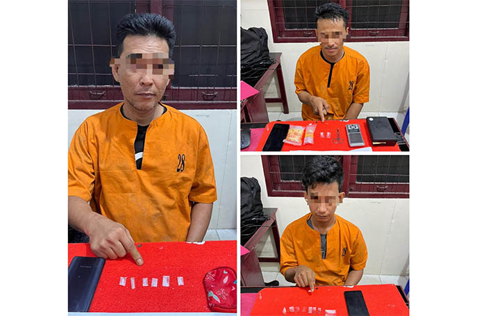 Ketiga orang pelaku diduga pengedar narkoba bersama barang bukti diamankan di Mapolsek Tembilahan Hulu, Sabtu (2/8/2025).