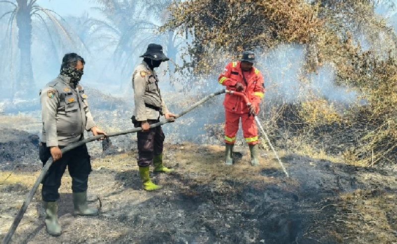 Tim gabungan melakukan aksi pendinginan lokasi karhutla di Simpang Kanan.