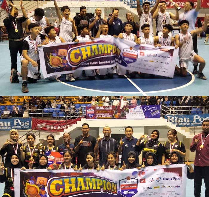 Para pemain tim putra SMAN 1 Bangkinang dan tim putri SMAN 1 Kampar usai keluar sebagai juara Riau Pos-Honda Student Basketball League (HSBL) 2025 Series IV Bangkinang  di Hall A Sport Center Bangkina