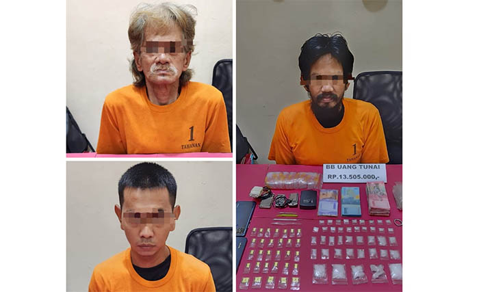 Tiga orang tersangka dan barang bukti diamankan di Mapolsek Keritang, Kamis (7/8/2025).