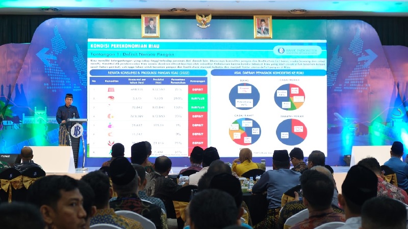 Kepala Perwakilan BI Riau Panji Achmad saat memberi kata sambutan dalam Riau Economic Forum (REF) 2025 yang digelar di Kantor Perwakilan BI Riau, Jumat (8/8/2025).