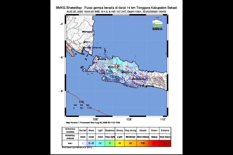 Gempa berkekuatan 4,9 Skala Richter mengguncang Jabodetabek, dan berpusat di Kabupaten Bekasi.