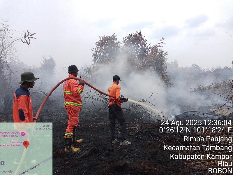 Tim Gabungan memadamkan api yang membakar lahan di Jalan Harapan Raya Desa Rimbo Panjang Kecamatan Tambang, Kabupaten Kampar, Ahad (24/8/2025).