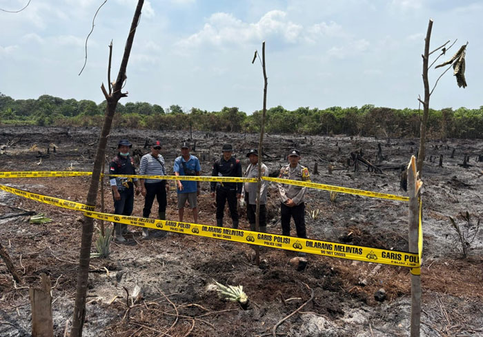 Personel Polsek Tempuling memasang garis polisi di lokasi awal pelaku membakar lahan di Dusun Sukajadi, Desa Harapan Jaya, Kecamatan Tempuling, Kabupaten Inhil, Jumat (29/8/2025).
