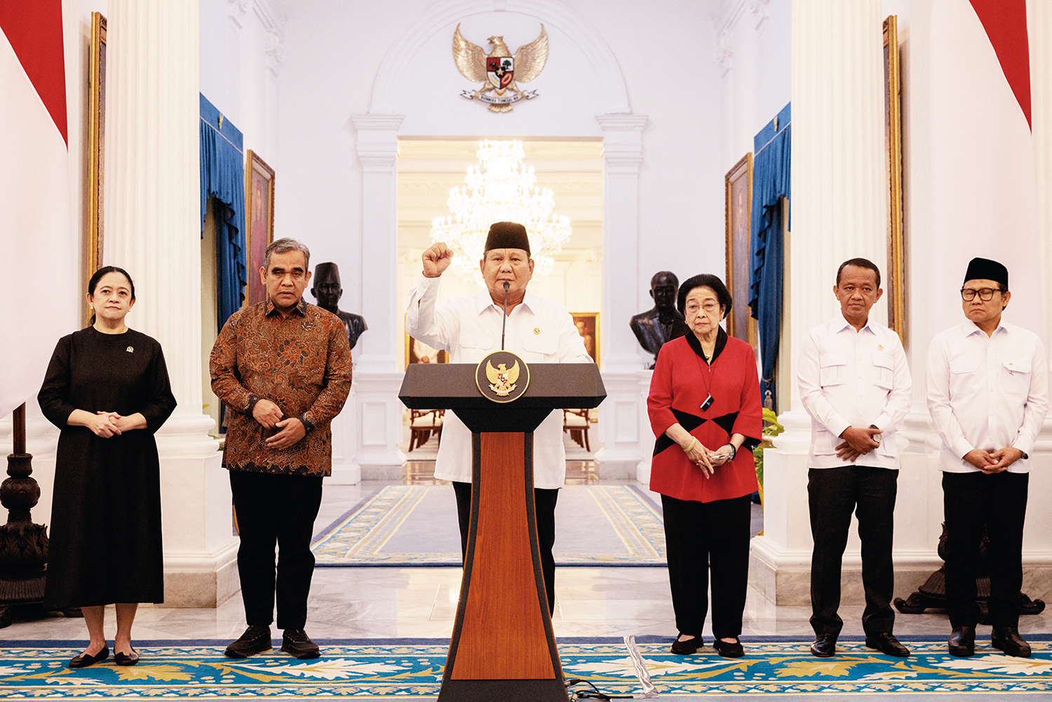 Indonesia&rsquo;s President Prabowo Subianto (3rd L) reacts as he speaks about a recent wave of nationwide protests during a press conference alongside political party leaders at the Presidential Palace in Jakarta on August 31, 2025. Prabowo on August 31