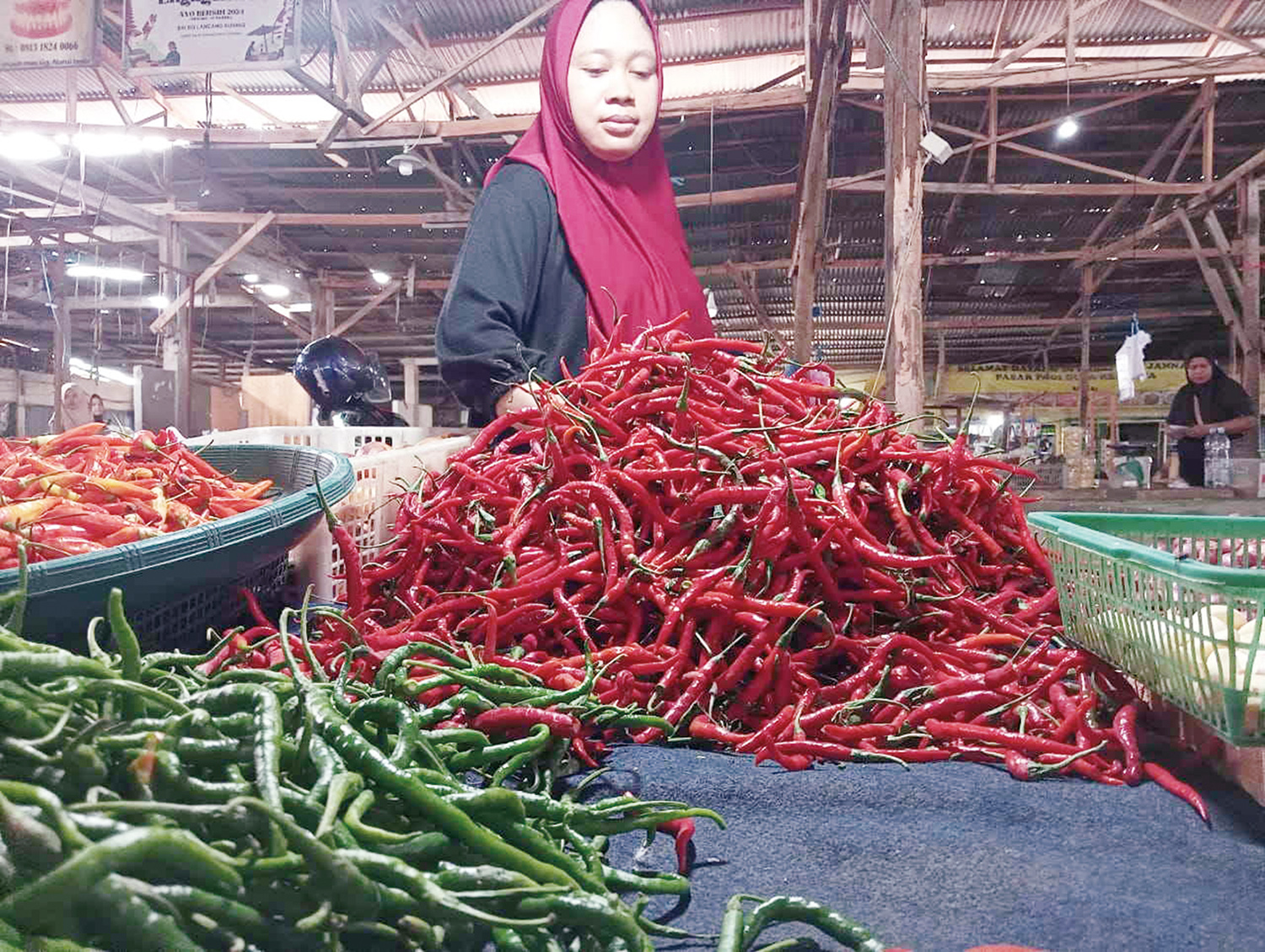 Pedagang menata cabai merah yang dijualnya di Pasar Dupa Pekanbaru, Selasa (9/9/2025). Harga cabai merah di pasar ini mencapai Rp100 ribu per kilogram.
