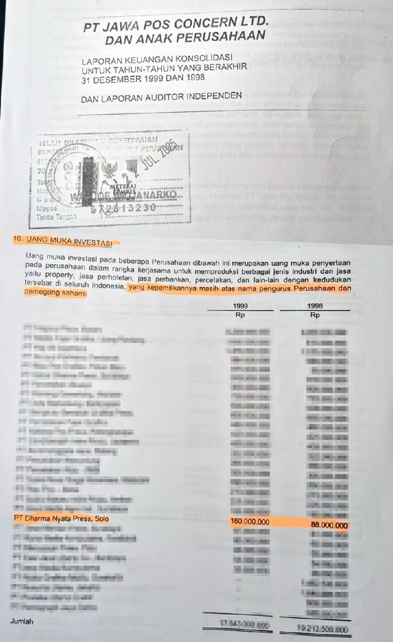 Bukti laporan keuangan terkait uang muka investasi Jawa Pos di PT Dharma Nyata Press.