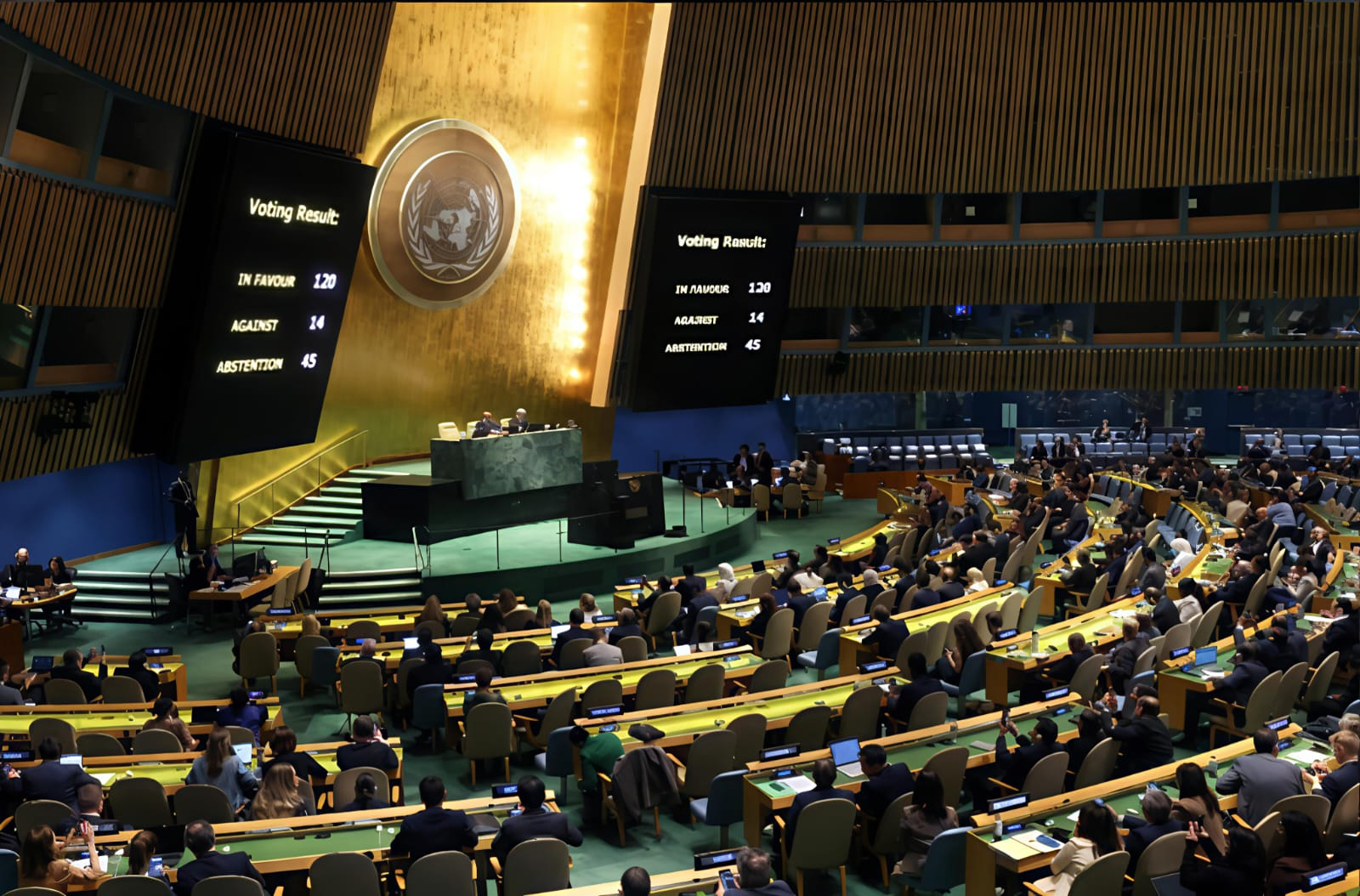 Suasana sidang Majelis Umum PBB yang membicarakan resolusi untuk Palestina dengan melakukan voting di New York, Jumat (12/9/2025) waktu setempat. Sebanyak 142 negara di antara 193 negara anggota PBB.