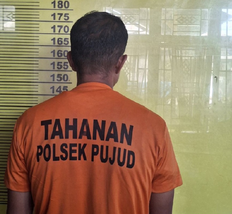 Tersangka pencabulan terhadap anak kandung saat diamankan di Mapolsek Pujud.