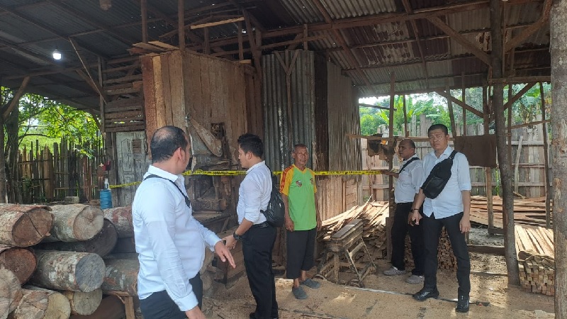 Kasat Reskrim Polres Kampar AKP Gian Wiatma Jonimandala bersama Kanit Tipidter Iptu Hermoliza SH MH, serta anggota Tipidter turun langsung melakukan pengecekan ke lokasi dugaan sawmill ilegal.
