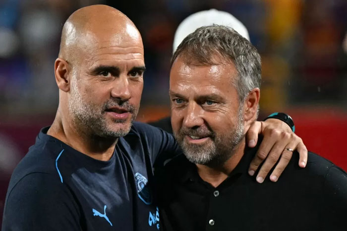 Pep Guardiola (kiri) dan Hansi Flick (kanan).