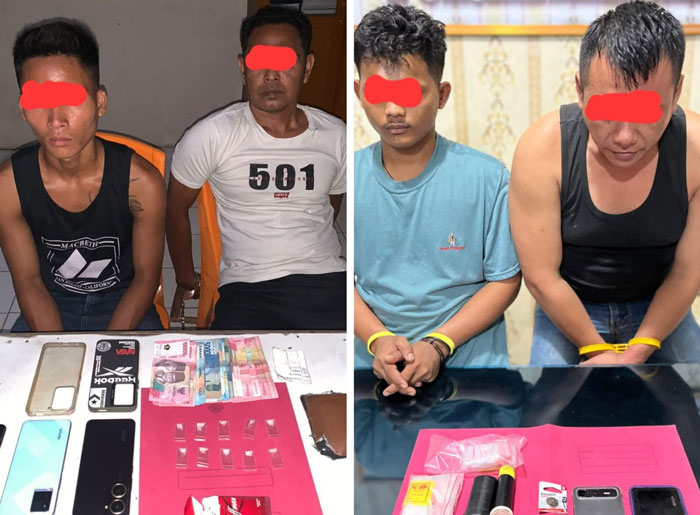 Empat pelaku bersama barang bukti ketika diamankan di Mapolsek Kemuning, Senin (29/9/2025).