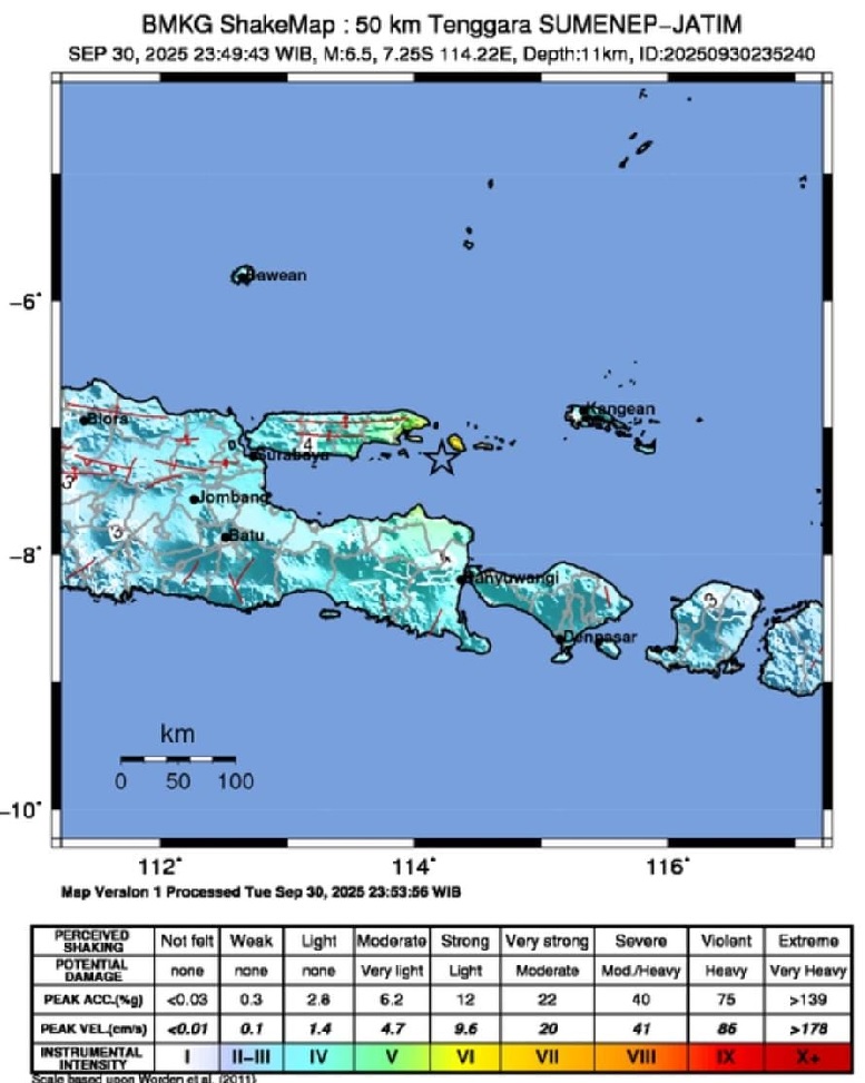 Gempa bumi berkekuatan Magnitudo 6,5 guncang Sumenep Jatim.