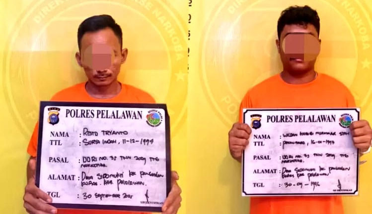 RT dan WH, dua pengedar narkoba ditangkap Satres Narkoba Polres Pelalawan di Desa Sidomukti, Kecamatan Pangkalan Kuras, Rabu (1/10/2025) malam.