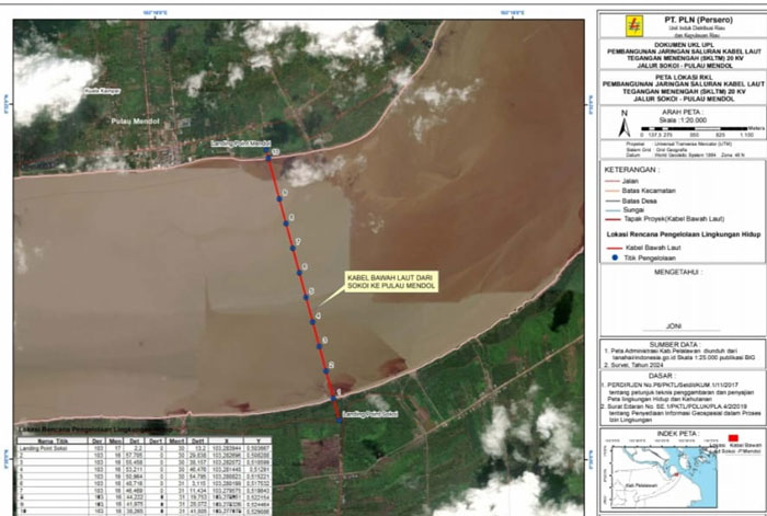 Peta Proyek Pembangunan jaringan listrik bawah laut di Kecamatan Kuala Kampar yang segera direalisasikan setelah masuk dalam proses tahapan perizinan UKL-UPL.
