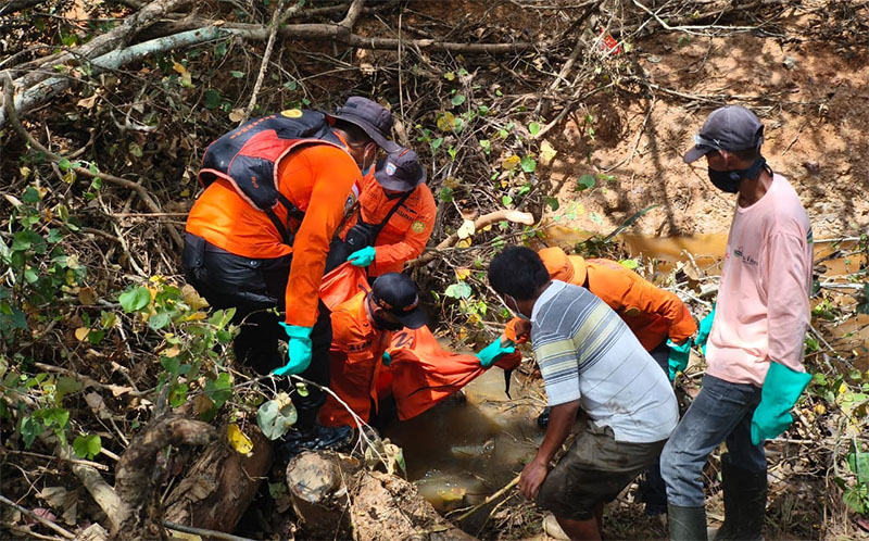 Tim SAR gabungan mengevakuasi jasad korban hilang di kebun sawit di Kelurahan Titian Antui Kecamatan Pinggir, Bengkalis, Sabtu (25/10/2025).