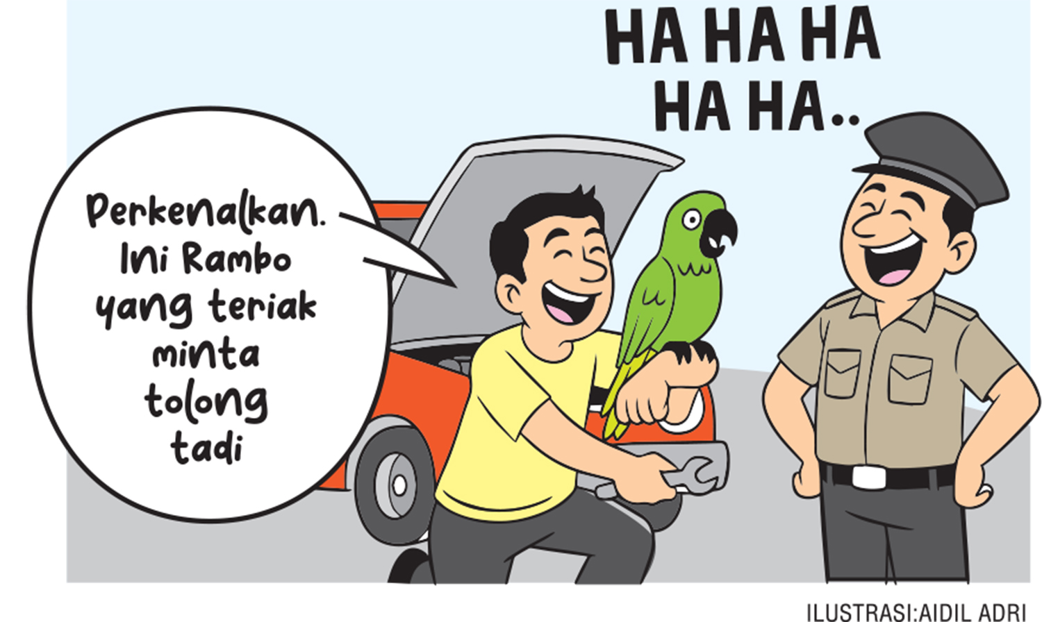 Eki tengah memperbaiki mobilnya di halaman rumah, awalnya semua baik-baik saja sampai akhirnya, burung parrot peliharaannya berbunyi.