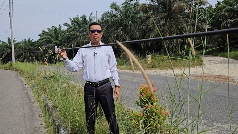 Camat Sentajo Raya Hevi H Antoni menemukan kabel jaringan internet yang menganggu jalan di ruas jalan menuju Kecamatan Sentajo Raya, Rabu (29/10/2025).