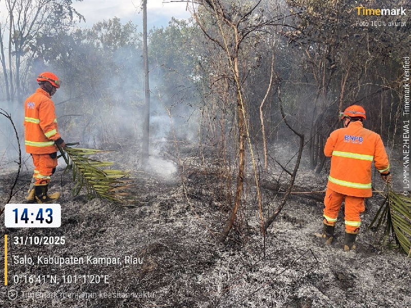 Satgas TRC Pusdalops-PB BPBD Kampar memadamkan kebakaran lahan di Desa Ridan Permai, Kecamatan Bangkinang Kota, Kabupaten Kampar, Jumat (31/10/2025).