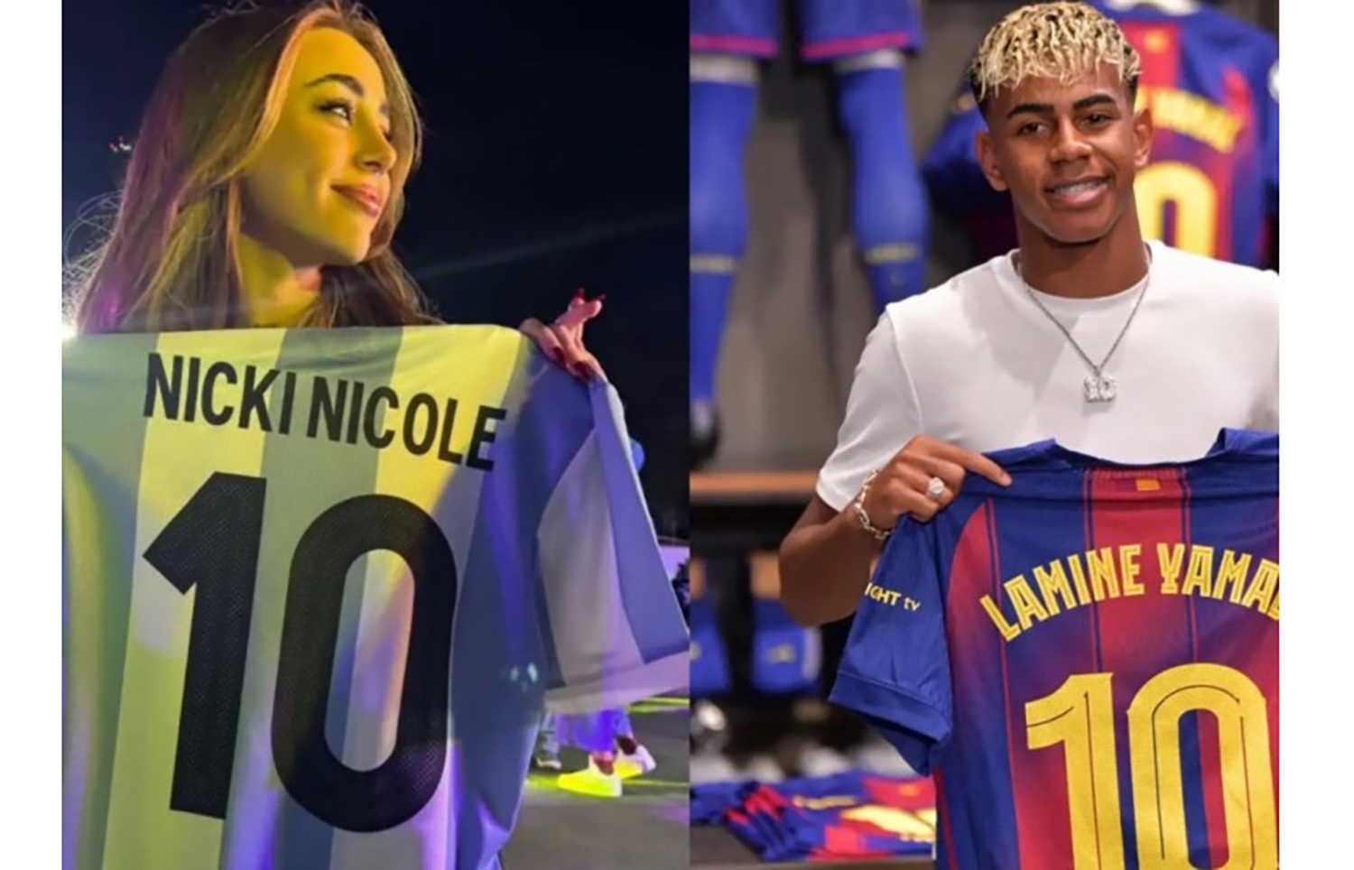 Nicki Nicole dan Lamine Yamal saat pamer jersey masing-masing ketika masih bersama, beberapa waktu lalu.
