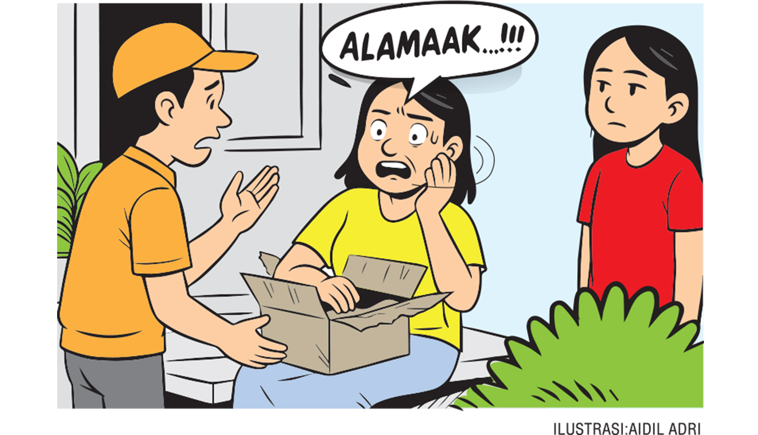 Rasa bahagia bercampur haru dirasakan  Sari saat ia duduk di depan teras rumah & dihampiri kurir paket yang datang memberikannya bingkisan.