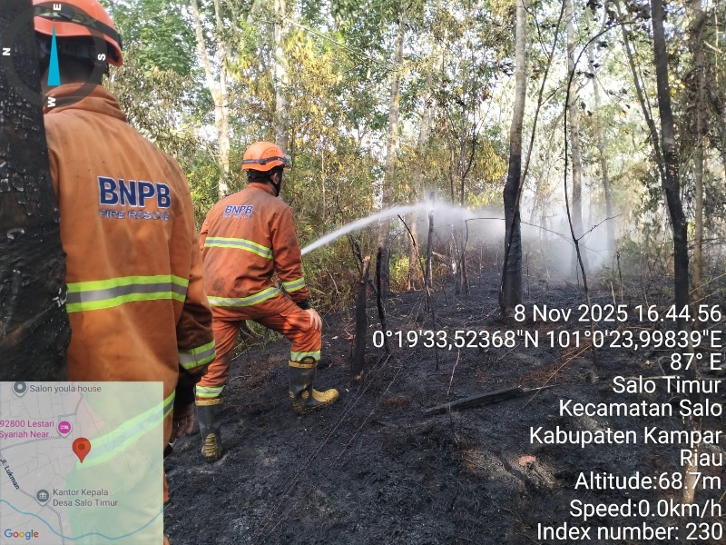 Tim Gabungan memadamkan kebakaran lahan di Desa Salo Timur, Kecamatan Salo, Kabupaten Kampar, Sabtu (8/11/2025).