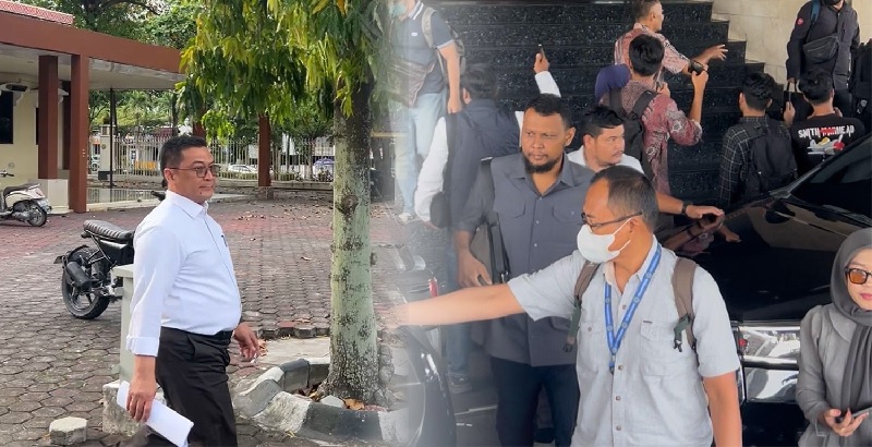 Kepala Bagian Protokol Setdaprov Riau Raja Faisal saat keluar dari kantor Gubernur Riau, Senin (10/11/2025). Foto kiri, Sekretaris Daerah Provinsi Riau Syahrial Abdi turut diajak masuk ke mobil KPK.