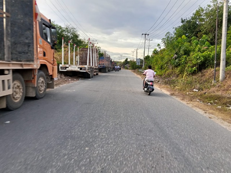 Antrean truk dari Simpang Mangga Benai hingga ruas jalan provinsi, Teluk Kuantan-Rengat, Selasa (11/11/2025).