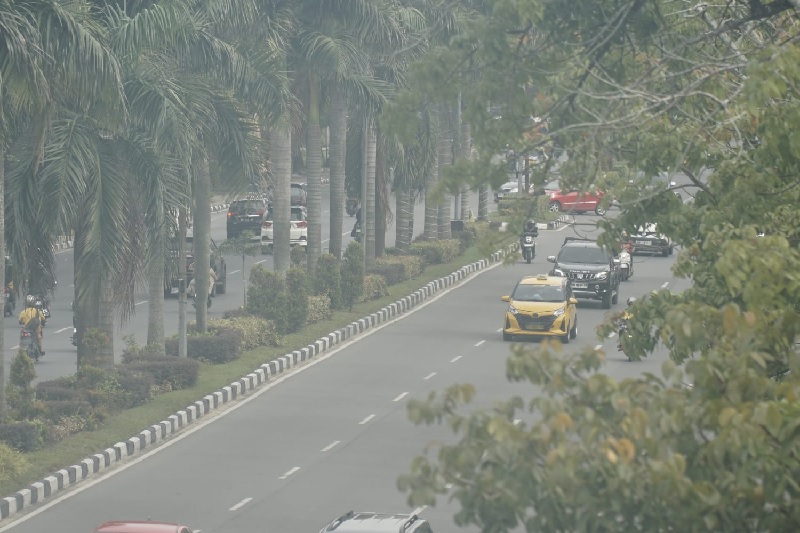 Kendaraan melintas di Jalan Jenderal Sudirman ketika kabut tipis menyelimuti Kota Pekanbaru, Rabu (12/11/2025) pagi.