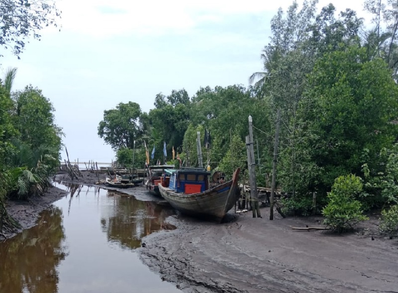 Akibat Sungai Kuala Muntai mengalani pendangkalan akibat sidemintasi dan masuknya sesai membuat nelayan kesulitan mengeluarkan perahu Nelayan ke laut, Selasa (25/11/2025).
