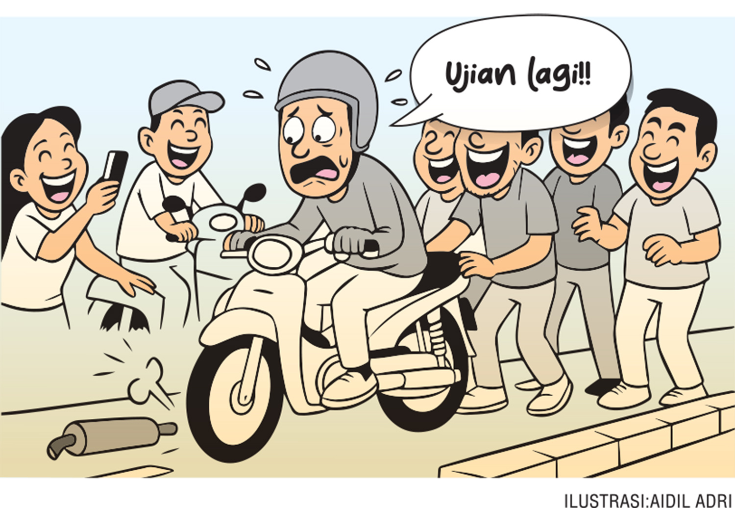 Pengguna jalan dibuat tertawa terpingkal-pingkal setelah satu unit sepeda motor butut milik seorang pria tiba-tiba kehilangan knalpot.