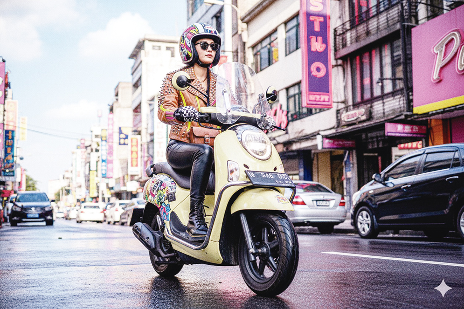 Seorang pengendara saat mengendarai sepeda motornya dengan safety riding yang tetap keren dengan gaya kalcer.&nbsp;Foto diambil belum lama ini.