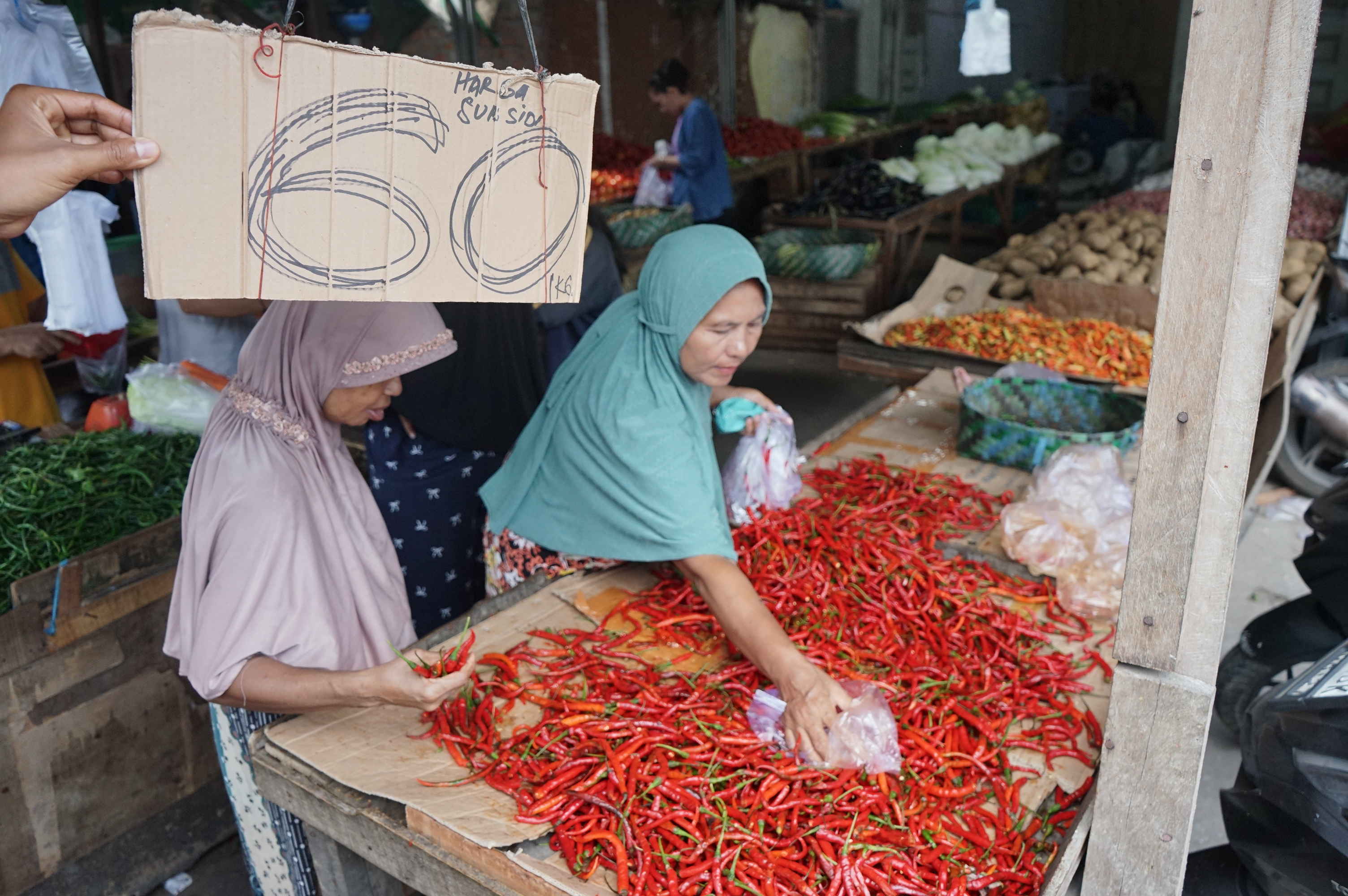 Warga memilih cabai yang di jual di Pasar Jalan Teratai Pekanbaru, Rabu (3/12/2025). Akibat harga cabai yang cukup tinggi sejumlah warga memilih membeli cabai dengan kualitas kurang baik dengan harga yang jauh lebih murah.