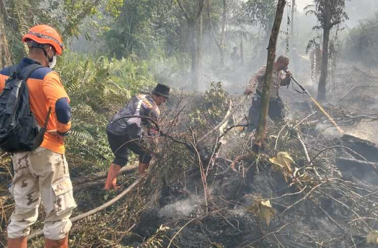Personel BPBd inhil memadamkan api yang membakar lahan di desa Bayas Jaya, Kecamatan Kempas, Kabupaten indragiri hilir, belum lama ini