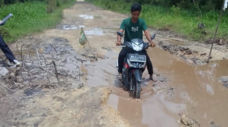 Masyarakat Desa Sungai Ara Kecamatan Pelalawan melintasi Jalan desa yang tak kunjung diaspal maupun di semenisasi oleh Pemkab Pelalawan, Senib (8/12/2025).