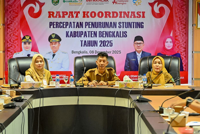 Staf Ahli Bupati Johansyah Syafri memimpin Rapat Koordinasi Percepatan Penurunan Stunting di Kantor Bupati Bengkalis, Senin (8/12/2025).
