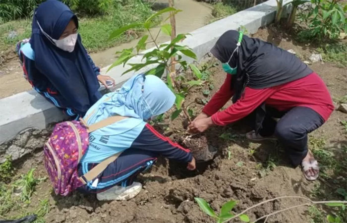 Ilustrasi murid SD menanam pohon