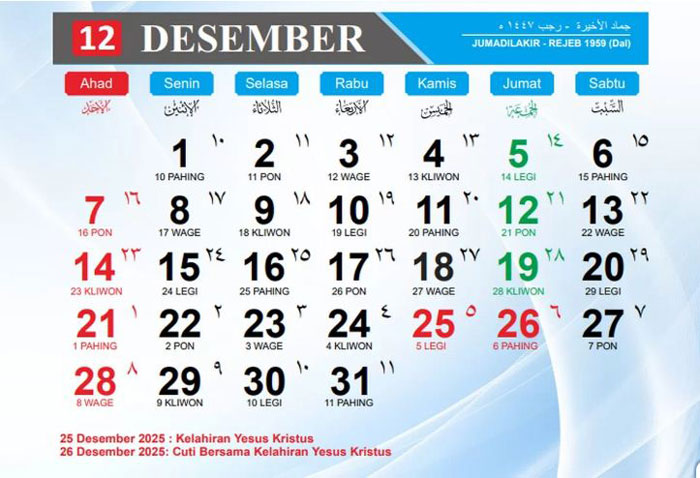 Ilustrasi kalender Desember 2025.