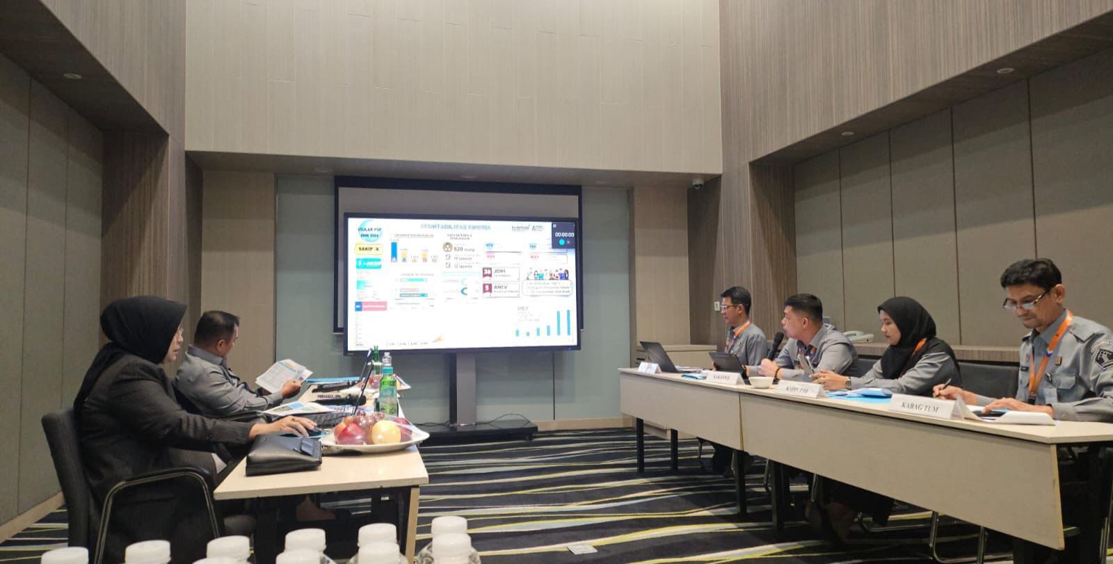 Jajaran Pimpinan Kanwil Kemenkum Riau menyampaikan capain kinerja 2025 pada Rakor Pengendalian Kinerja Kemenkum Hari ke-2, Selasa (16/12/2025).