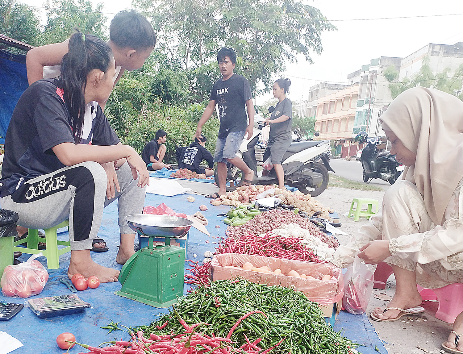 Seorang pembeli sedang memilih cabai merah keriting yang dijual pedagang di pinggir jalan menuju Pasar Terubuk Bengkalis, Selasa (23/12/2025).