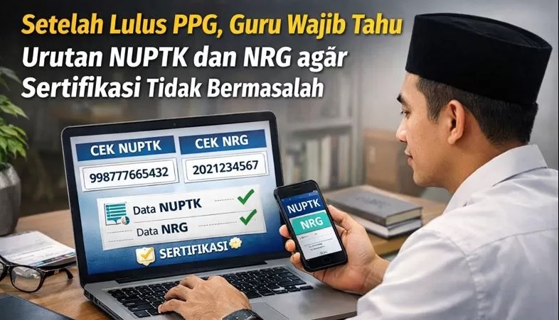 Ilustrasi: Guru lulusan PPG bisa mengecek data NUPTK dan NRG melalui sistem digital sebagai syarat kelancaran sertifikasi.